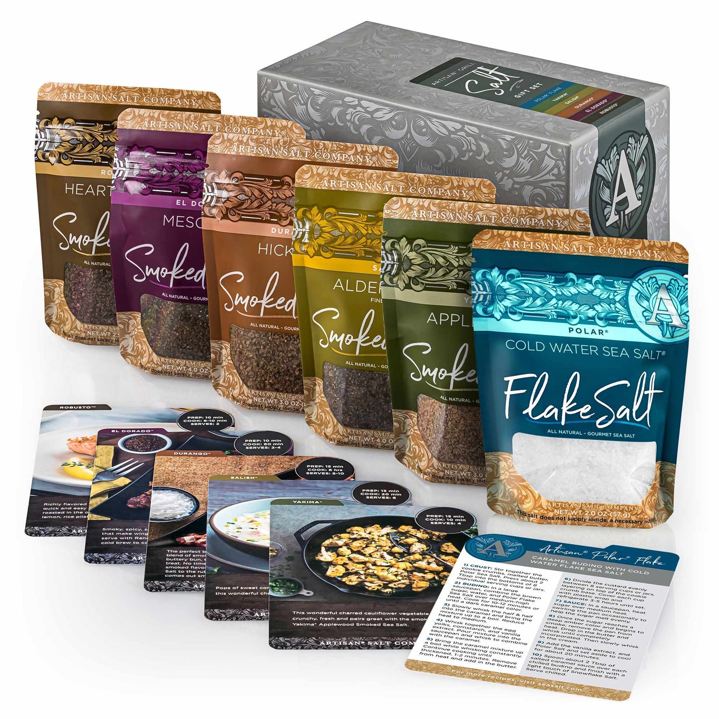 Artisan Grill Salt Gift Set, Featuring Polar Flake Sea Salt, Yakima Applewood Sea Salt, Salish Alderwood Sea Salt, Durango Hickory Sea Salt, El Dorado Mesquite Sea Salt, Robusto Hearty Sea Salt, Box Of 6 Recipe Cards & Salts