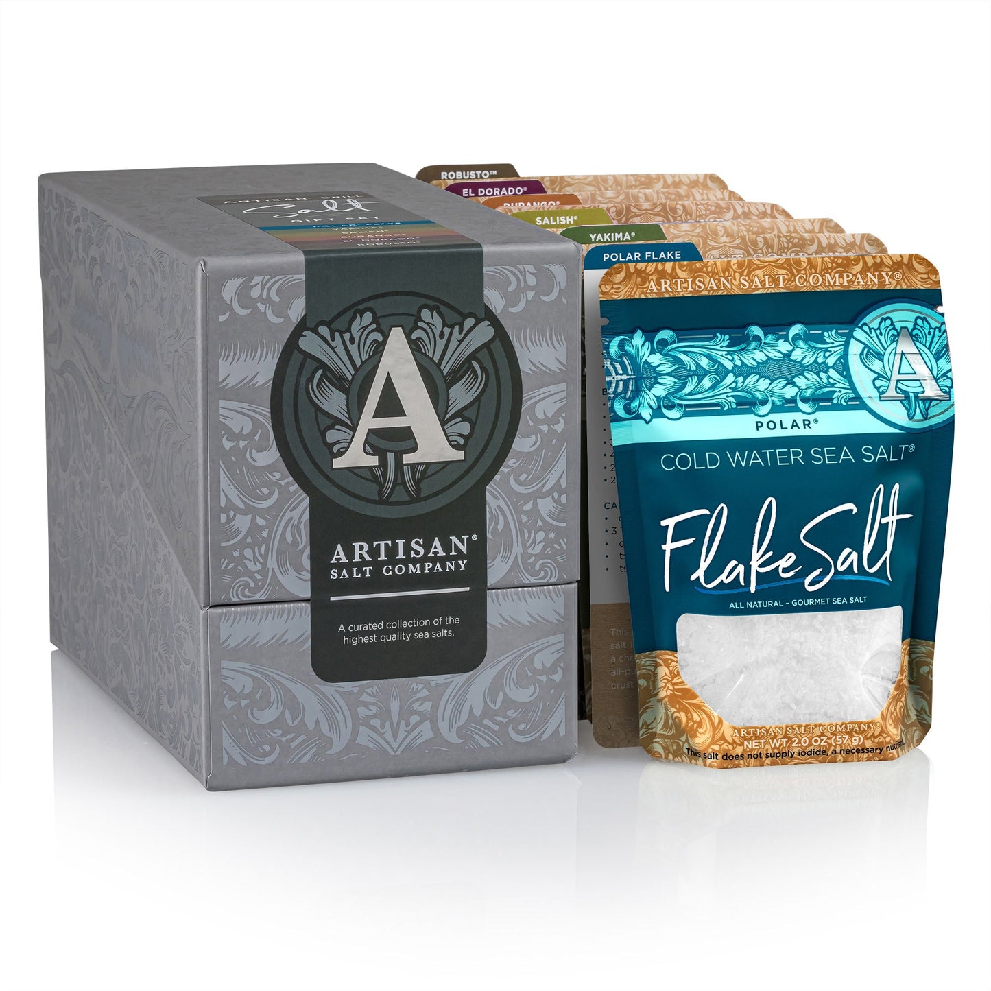 Artisan Grill Salt Gift Set, Featuring Polar Flake Sea Salt, Yakima Applewood Sea Salt, Salish Alderwood Sea Salt, Durango Hickory Sea Salt, El Dorado Mesquite Sea Salt, Robusto Hearty Sea Salt, Box Of 6 Recipe Cards & Salts