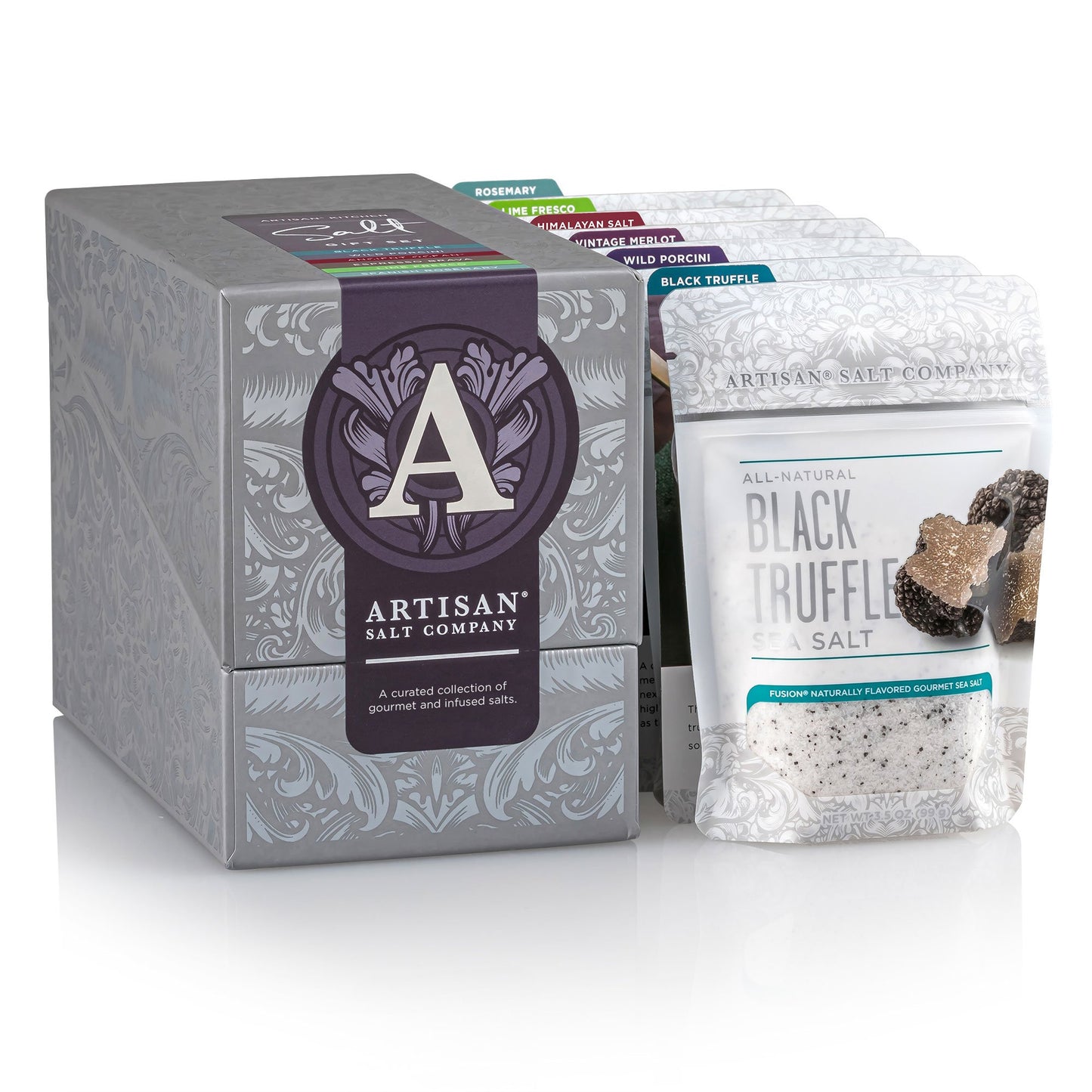 Artisan Kitchen Salt Gift Set, Featuring Black Truffle Sea Salt, Wild Porcini Sea Salt, Espresso Brava Sea Salt (3.5 oz pouch), Lime Fresco Sea Salt, Spanish Rosemary Sea Salt, and Ancient Ocean Himalayan Pink Salt, Box Of 6 Recipe Cards & Salts