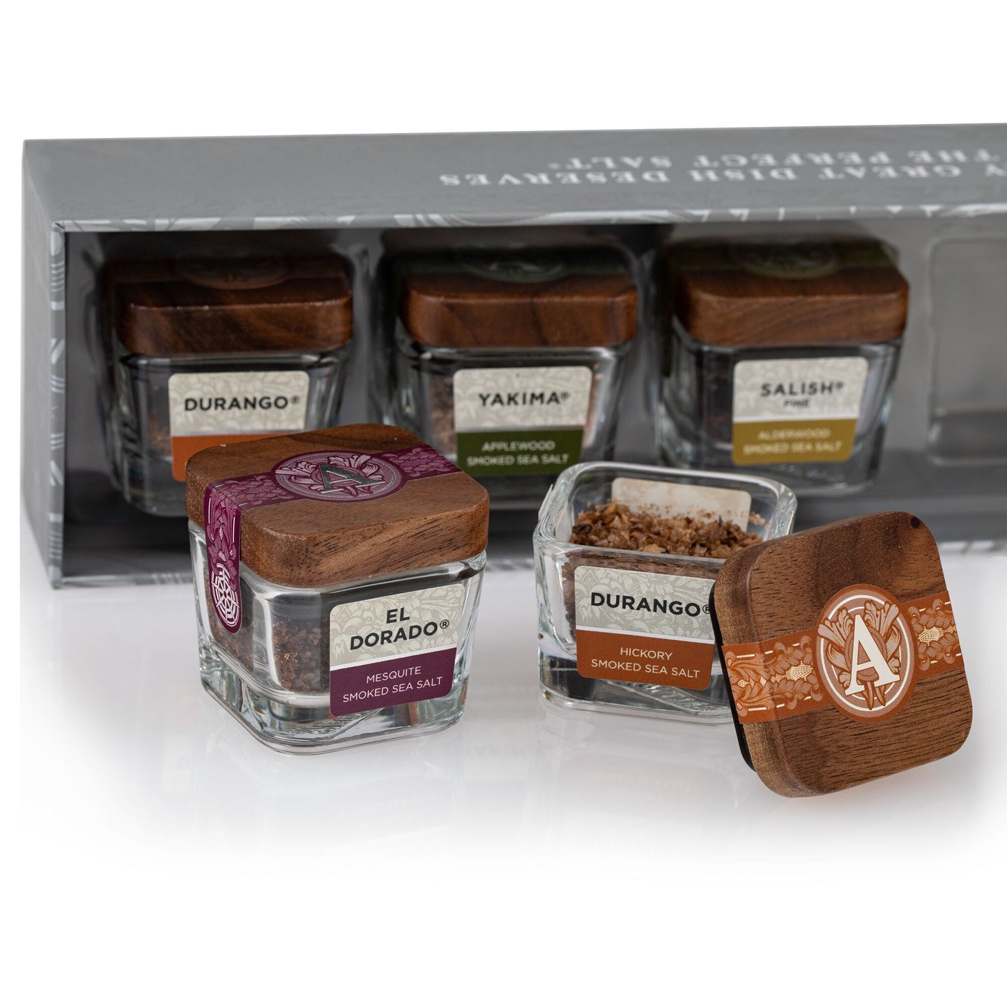 Smoked Salt Sampler Gift Set, Featuring Yakima Applewood Smoked Sea Salt, Salish Alderwood Smoked Sea Salt, Durango Hickory Smoked Sea Salt, El Dorado Mesquite Smoked Sea Salt