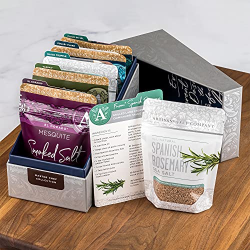 Master Chef Salt Collection, Featuring All-Natural Black Truffle Sea Salt, Yakima Applewood Smoked Salt, French Fleur De Sel & More, Box Of 6 Recipe Cards & Salts