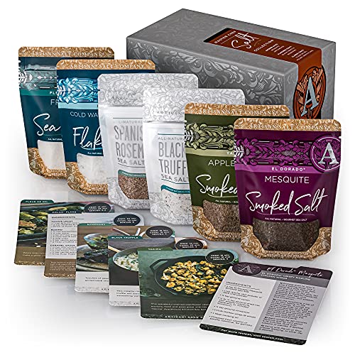 Master Chef Salt Collection, Featuring All-Natural Black Truffle Sea Salt, Yakima Applewood Smoked Salt, French Fleur De Sel & More, Box Of 6 Recipe Cards & Salts